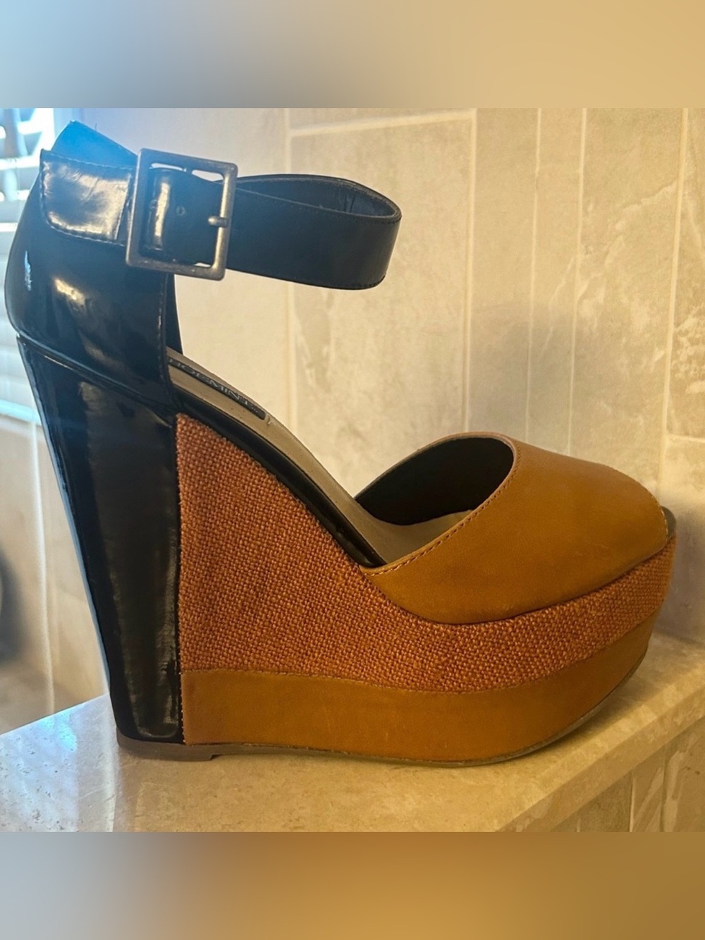 Shoemint Tan and Black Two-Tone Platform Wedge Sandals